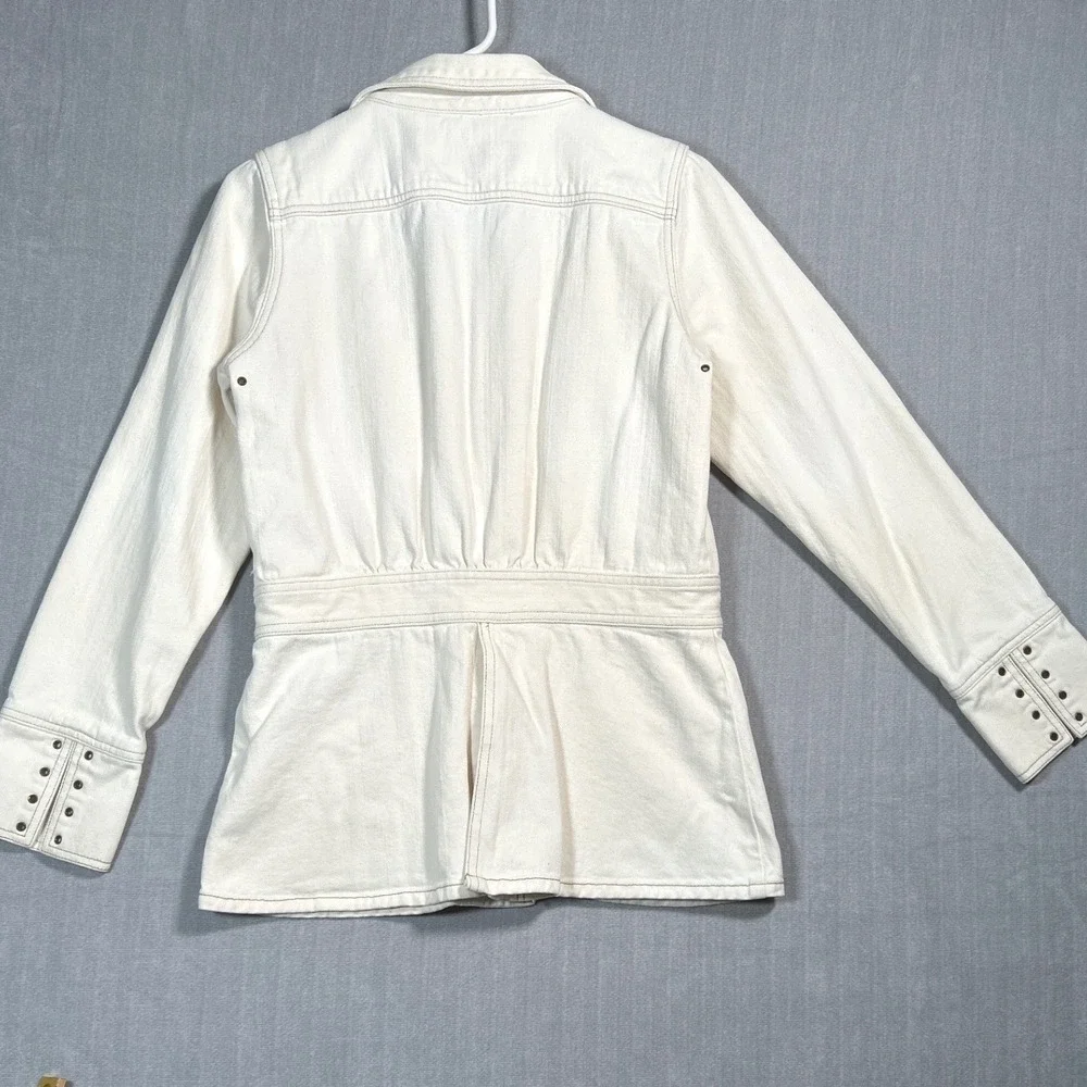 Earl Jean White Denim Jacket Women Large Button Pockets Studded Cuffs Trucker